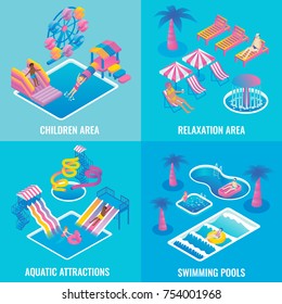 Water park vector flat isometric poster set. Children area, Aquatic attractions, Relaxation area and Swimming pools concept design elements for web banners and print.