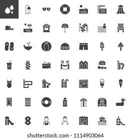 Water park vector icons set, modern solid symbol collection, filled style pictogram pack. Signs, logo illustration. Set includes icons as Aqua park, Shower, Sunglass, Pipe slides attraction, Swimming