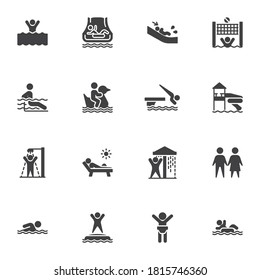 Juego de iconos vectoriales de parque acuático, colección moderna de símbolos sólidos, paquete de pictogramas estilo relleno. Señales, ilustración del logotipo. El juego incluye iconos como piscina, ducha, atracción por tobogán de agua