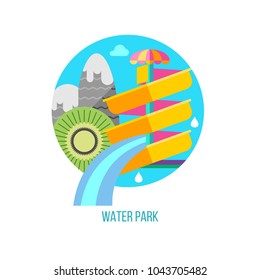 Water park. Vector illustration, logo, emblem. Water slide, mountains and kiwi. Summer holiday.