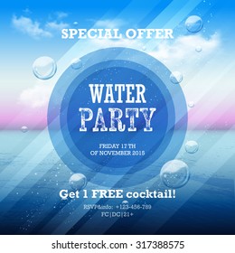 Water Party Flyer With Graphic Elements And Place For Text.  Abstract Summer Background On A Sea Subject With Sky And  Clouds