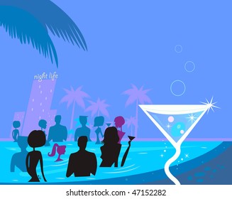 Water Party Night: People In Pool & Fresh Martini Drink People In Night Pool. Vector Illustration In Retro Style.