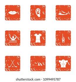 Water performance icons set. Grunge set of 9 water performance vector icons for web isolated on white background