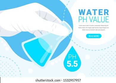 Water ph value analysis concept. Laboratory beaker in hand, water drop with text ph 5.5 and button. Science laboratory research and chemistry web banner. Flat vector illustration