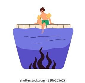 Fobia al agua, concepto de aquafobia. Una persona ansiosa y estresada, temerosa de nadar en la piscina, superando el miedo a la profundidad, hundiéndose. Trastornos de la psicología. Ilustración vectorial plana aislada en fondo blanco