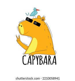 Water pig capybara with glasses. Vector stock illustration.