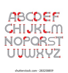 Water Pipe Alphabet with red fittings Character Design Template. Steampunk style.