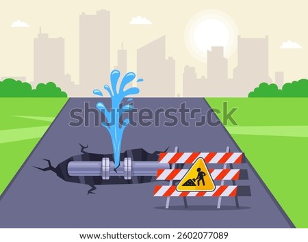 water pipe break on city road. Flat illustration