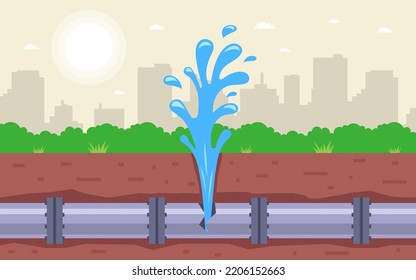 water pipe burst. water seeps out of the ground. flat vector illustration.