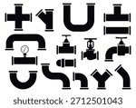 Water pipe elements. Piping supply system black silhouette. Plumbing valves and taps. Faucets and pressure gauges. Canalization junction. Drainage joint. Tubing connection isolated parts vector set