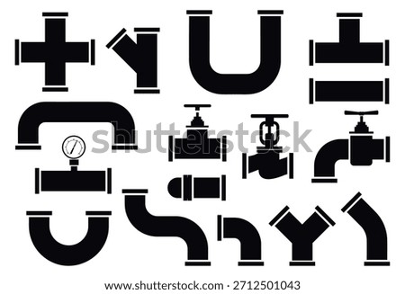 Water pipe elements. Piping supply system black silhouette. Plumbing valves and taps. Faucets and pressure gauges. Canalization junction. Drainage joint. Tubing connection isolated parts vector set