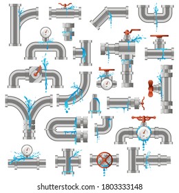 Water pipe leak. Broken damaged metal pipes, pipe leaky crack, industry metal tube pipes damage vector illustration icons set. Pipeline supply, leaking piping, damaged and leakage