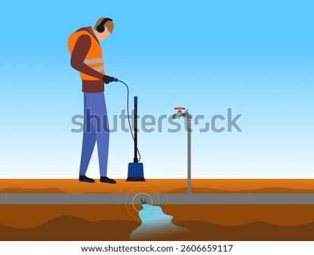 water pipe leak detector vector illustration, worker detecting an underground water pipe leak using specialized equipment, leak faucet underground