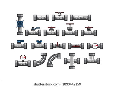 Water pipe, metal tube, faucet, fitting set. Isolated valve, pipeline connector, manometer piping icons. Water pipe plumbing system