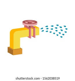 Water pipe with open valve and spray of water.Vector isometric and 3D view.