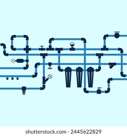 Sistema de tuberías de agua con válvulas y filtros de agua. Fondo de Anuncio de diseño para trabajos de fontanería