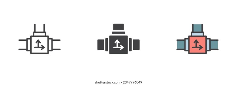 Water pipeline connection different style icon set. Line, glyph and filled outline colorful version, outline and filled vector sign. Symbol, logo illustration. Vector graphics