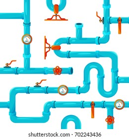Water pipeline system installation. Vector background picture. Seamless endless pipeline water system with valve illustration