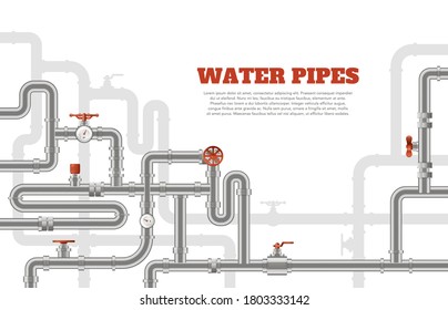 Water pipes background. Metal pipelines construction banner, industrial tube pipes template, steel pipes engineering system vector illustration. Canalization drainage system, equipment technical