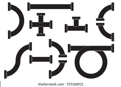 Water pipes with flange. Black icon. Vector illustration isolated on white background