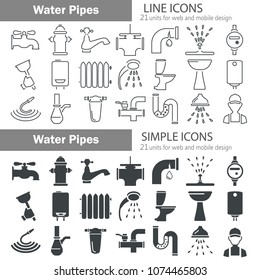 Water pipes line and simple icons set for web and mobile design