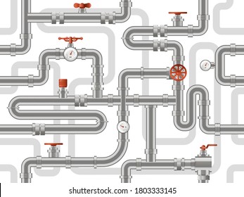 Water pipes system. Metal pipelines construction pattern, industry pipes with counters valves, pipelines construction vector background. Pattern sewerage construction, pipeline plumbing illustration