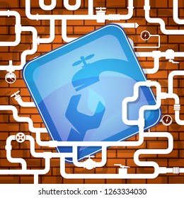 Water pipes system on a brick wall background. Repair of plumbing