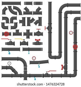 Water pipes and taps. Collection of water Steel tube, gas valve. Vector