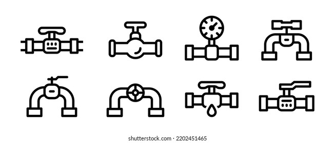 Water pipes and valve icon set in outline design.