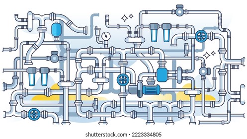 Water piping system with pipe or tube connections outline concept. Technical complex plumbing construction maze for drainage, faucet or sewerage with pressure valves vector illustration.