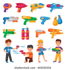 Water Pistols For Children Set With Water Fights Symbols Flat Isolated Vector Illustration 