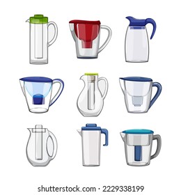 water pitcher set cartoon. jug glass, jar drink, liquid food, bottle beverage, clean water pitcher vector illustration