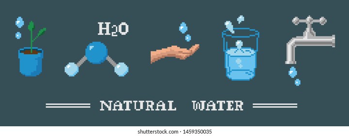 Water pixel art icon set. Water drops, molecule, tap and other color icons.