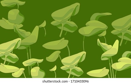 Water plant leaves on green backdrop. Waterlily sticker set for invitation or gift card, notebook cover, marriage card, bath tile. Phone case or cloth print art. Drawn style stock vector illustration