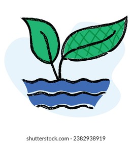 Water and a Plant with Two Leaves Icon. An icon of a water drop and a plant with two leaves to represent the importance of water for life and the interconnectedness of all living things.