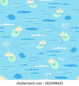 Plantas de agua y ondas de línea de vectores plana patrón sin fisuras. Nenúfares de mariscos y agua extraída a mano sobre fondo azul. Textura natural del río. Ilustración del doodle del lago para papel envoltorio, diseño de papel pintado