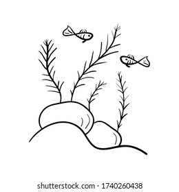 Water plants, seaweed, and small fish. Icon of a drawn line, vector illustration of a logo template. Aquarium care . Black on white