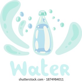 Water plastic bottle. Bottled water. Plastic container. Beverage plastic, glass packaging, cold water storage. Flat doodle bottle illustration with splashes. Isolated clipart vector icon with a title