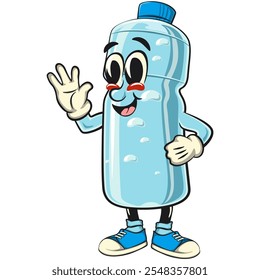Water plastic bottle cartoon mascot character greet by waving hand, vector illustration isolated, work of hand drawn