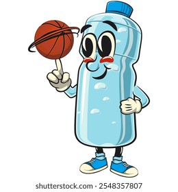 water plastic bottle cartoon mascot character spin the basketball with the index finger, vector illustration isolated, work of hand drawn