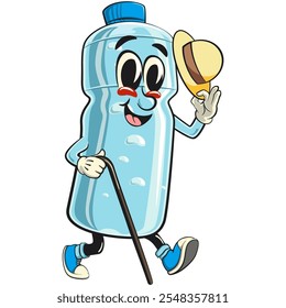 water plastic bottle cartoon mascot character carrying a stick and saluting with raised hat, vector illustration isolated, work of hand drawn
