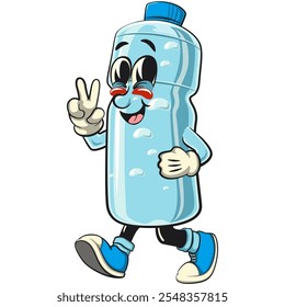 water plastic bottle cartoon mascot character walking with a peace sign, vector illustration isolated, work of hand drawn