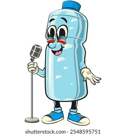 Wasser Plastikflasche Cartoon Maskottchen Charakter vor dem Mikro werden ein Stand-up-Comedian, Vektorgrafik einzeln, handgezeichnet