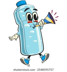 Botella de plástico de agua de dibujos animados de la mascota del carácter de soplar la trompeta del cuerno del partido, Ilustración vectorial aislada, trabajo de dibujado a mano