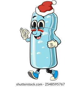 water plastic bottle cartoon mascot character walking while wearing a Santa hat calmly, vector illustration isolated, work of hand drawn