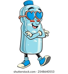 water plastic bottle cartoon mascot character wearing heart shaped beach sunglasses, vector illustration isolated, work of hand drawn