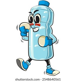 water plastic bottle cartoon mascot character practicing boxing wearing boxing glove, vector illustration isolated, work of hand drawn