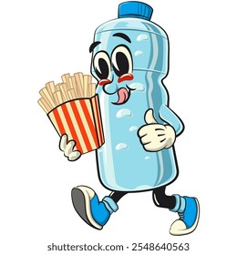 water plastic bottle cartoon mascot character brought a box of french fries, vector illustration isolated, work of hand drawn