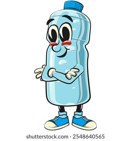 water plastic bottle cartoon mascot character folding his arms calmly, vector illustration isolated, work of hand drawn