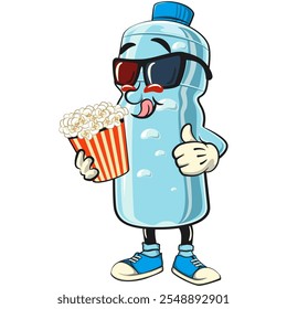 water plastic bottle cartoon mascot character brought a bucket of popcorn with wearing 3d glasses, vector illustration isolated, work of hand drawn